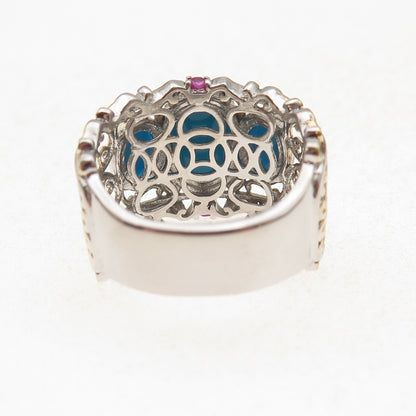 Chuck Clemency 925 Sterling Silver 2-Tone Real Turquoise & Ruby Ring Size 8.5