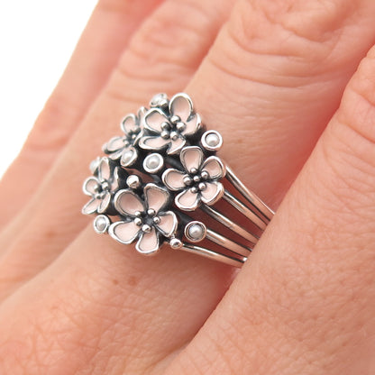 Pandora Sterling Silver Enamel Real Pearl Cherry Blossom Bouquet Ring Size 8.5