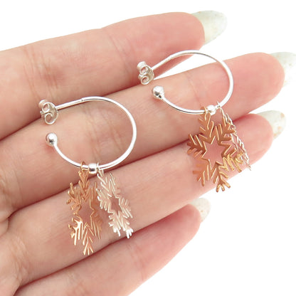 925 Sterling Silver 2-Tone Snowflake Charm Hoop Earrings