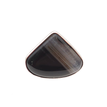 925 Sterling Silver Vintage Real Black Agate Modernist Ring Size 5.5