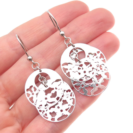 925 Sterling Silver Floral Disc Dangle Earrings