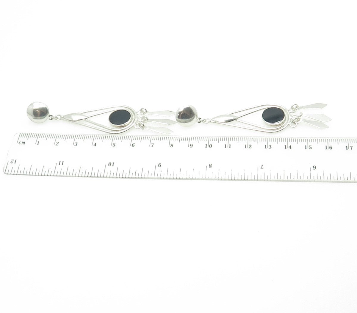 925 Sterling Silver Vintage Real Black Onyx Dangling Earrings