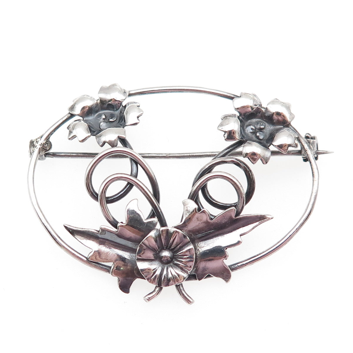 925 Sterling Silver Antique Art Deco Flower Oxidized Pin Brooch