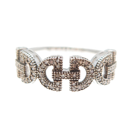 925 Sterling Silver Real Round-Cut Champagne Diamond Anchor Link Ring Size 6.25