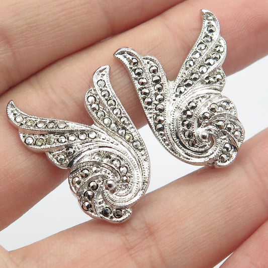 925 Sterling Silver Vintage Real Marcasite Gemstone Screw Back Earrings