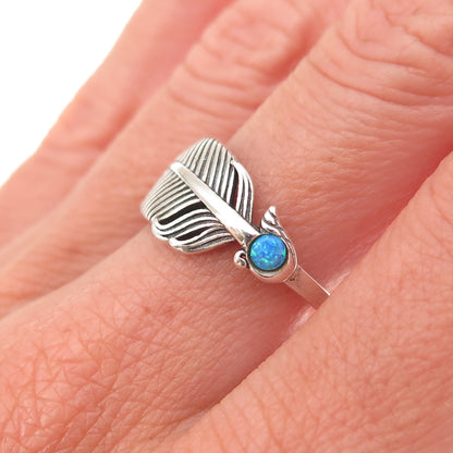 925 Sterling Silver Vintage Real Opal Feather Oxidized Ring Size 7