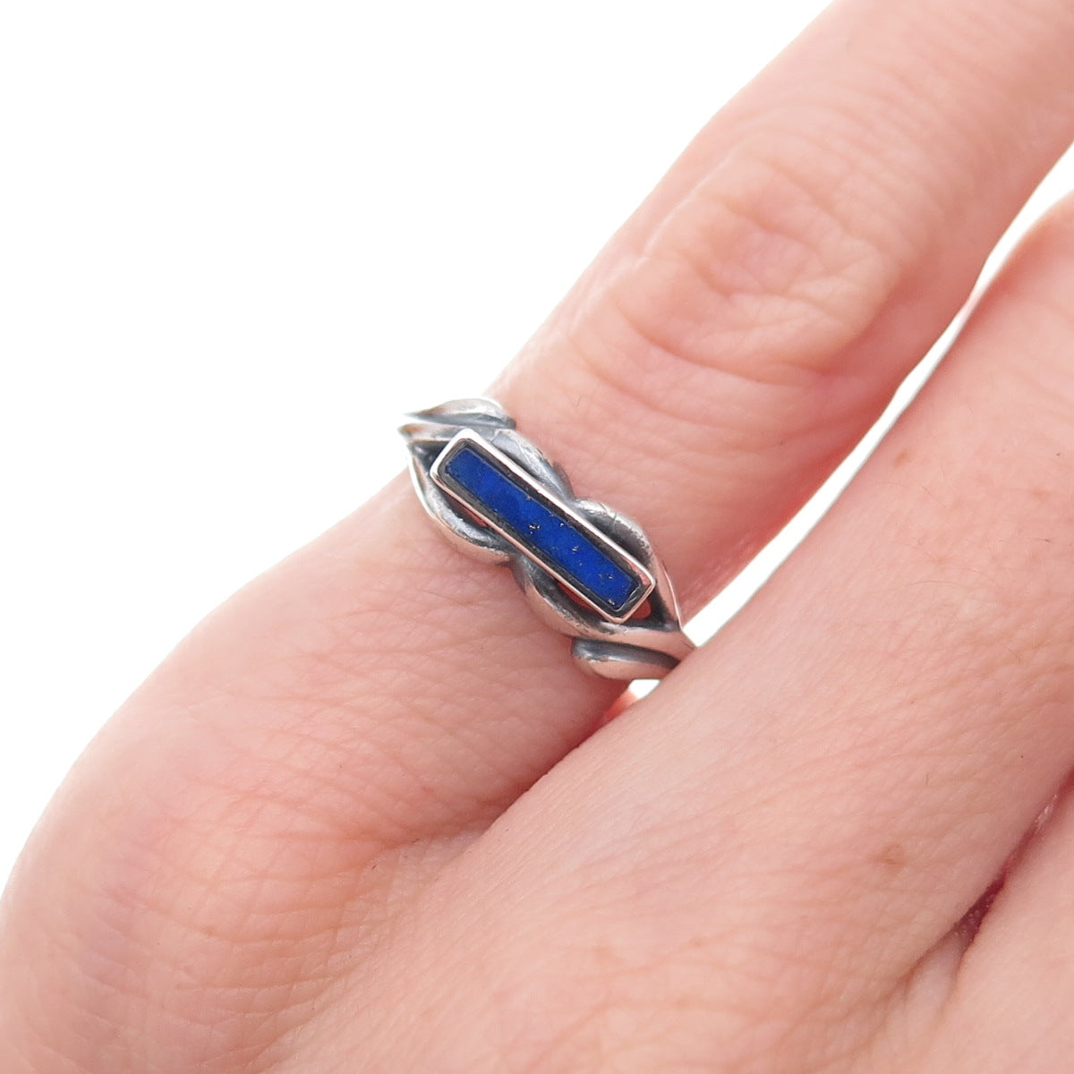 925 Sterling Silver Vintage Real Lapis Infinity Oxidized Ring Size 4.25
