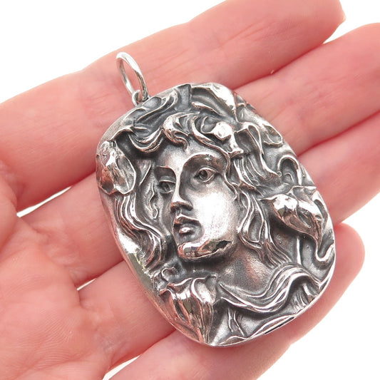 HENRYK WINOGRAD 999 Fine Silver Antique Art Deco Repousse Lady Oxidized Pendant
