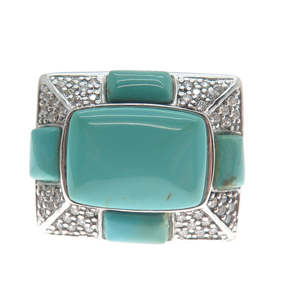 FADI 925 Sterling Silver Real Lone Mountain Turquoise & C Z Ring Size 6.5