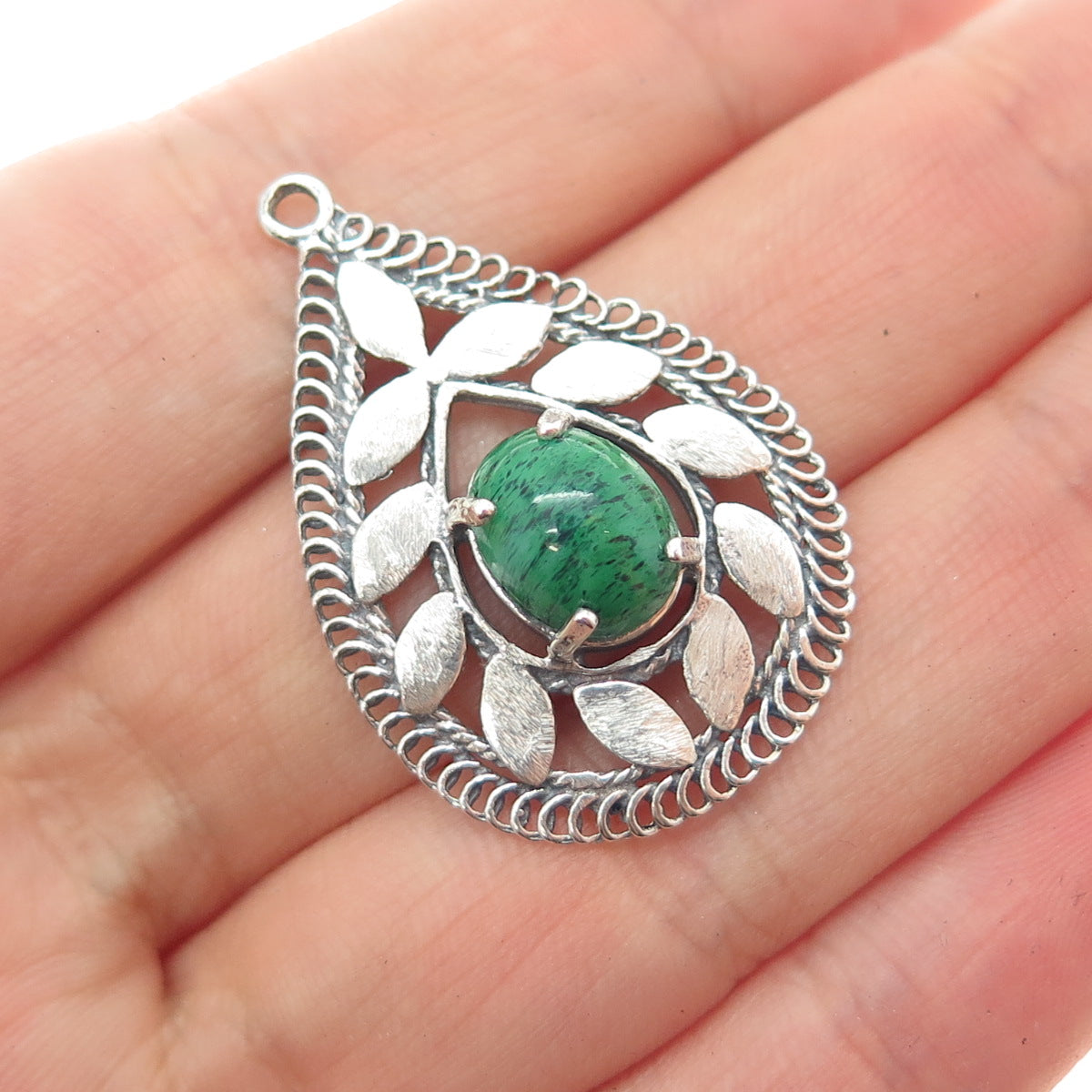 925 Sterling Silver Vintage Green Art Glass Floral Teardrop Charm Pendant