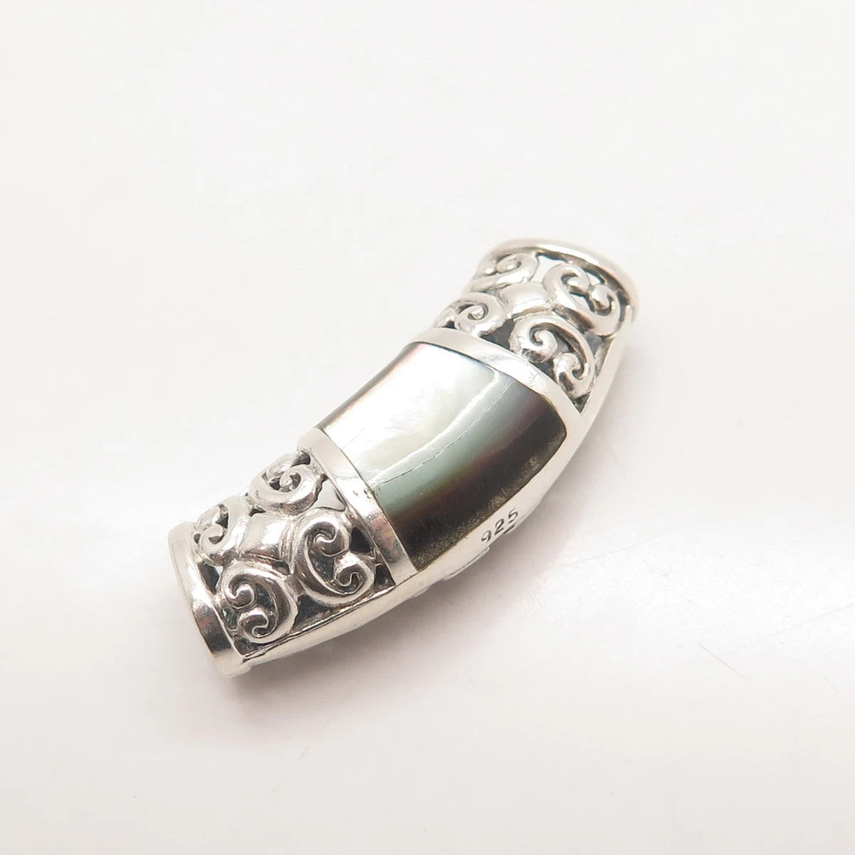 925 Sterling Silver Vintage Real Mother-of-Pearl Ornate Pendant