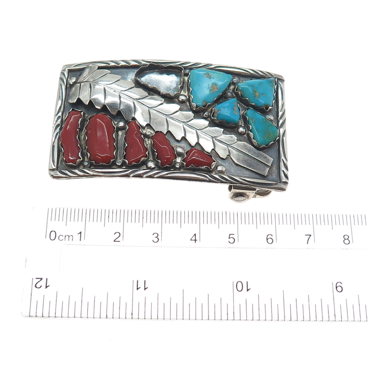 FABIAN CHEAMA ZUNI Old Pawn Sterling Turquoise & Coral Buckle (missing 1 stone)