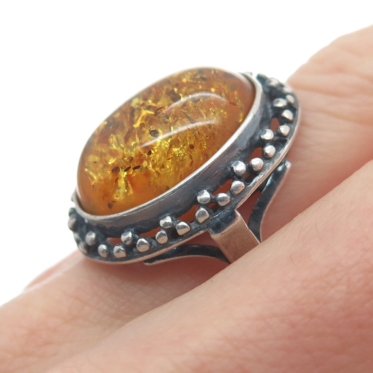 925 Sterling Silver Vintage Poland Real Baltic Amber Modernist Ring Size 8.25