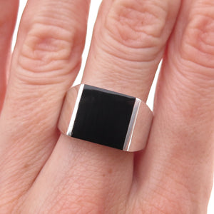 925 Sterling Silver Vintage Real Black Onyx Modernist Ring Size 8.75