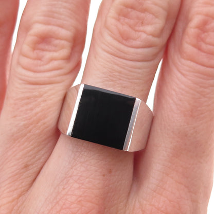925 Sterling Silver Vintage Real Black Onyx Modernist Ring Size 8.75