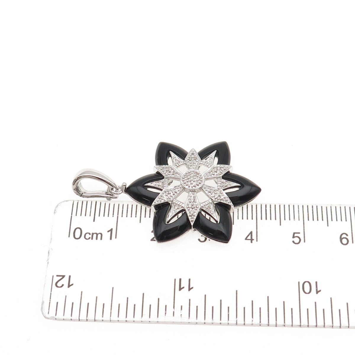 925 Sterling Silver Real Diamond & Black Onyx Floral Charm Pendant