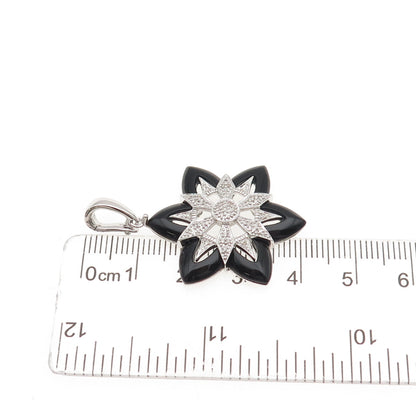 925 Sterling Silver Real Diamond & Black Onyx Floral Charm Pendant