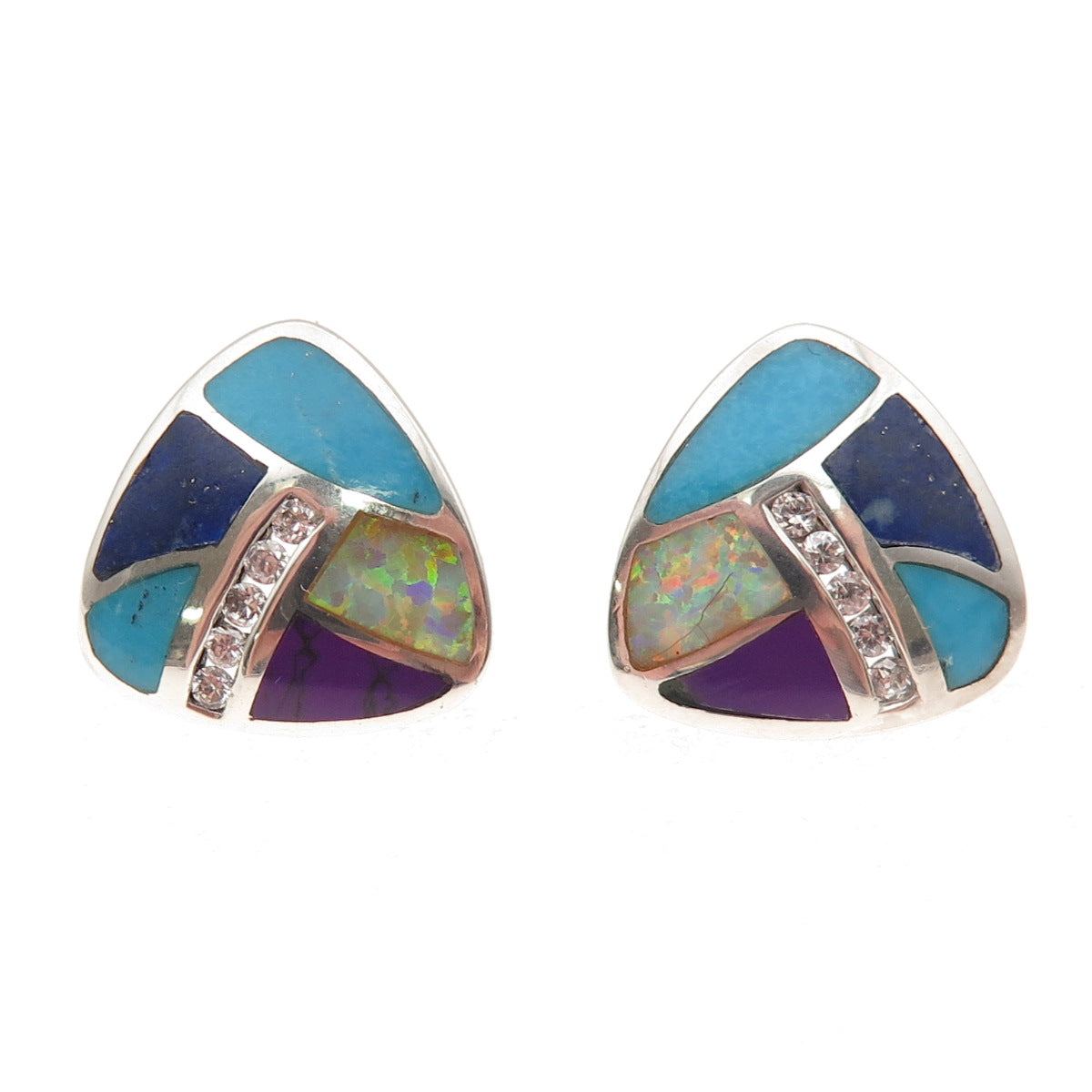 925 Sterling Silver Vintage Real Turquoise Lapis Opal & C Z Stud Earrings
