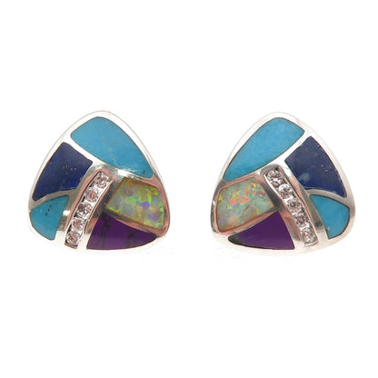 925 Sterling Silver Vintage Real Turquoise Lapis Opal & C Z Stud Earrings