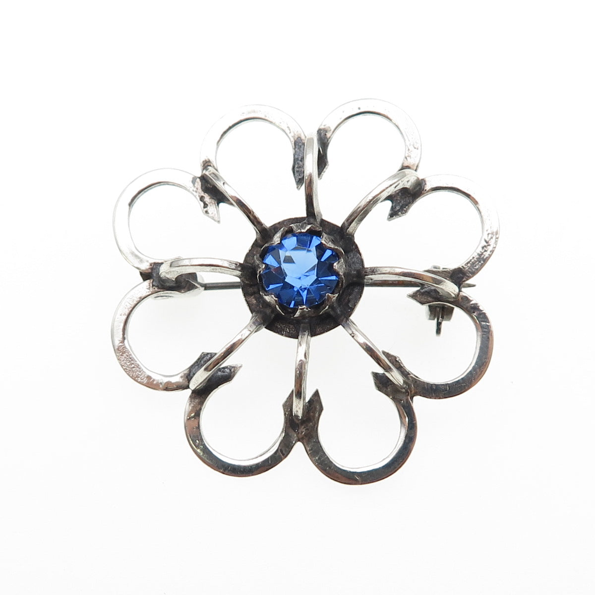 935 Silver Vintage Round-Cut Blue Rhinestone Flower Oxidized Pin Brooch