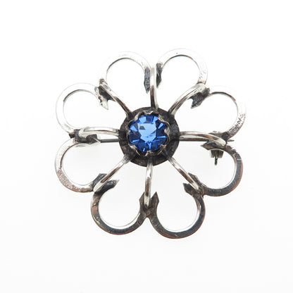 935 Silver Vintage Round-Cut Blue Rhinestone Flower Oxidized Pin Brooch