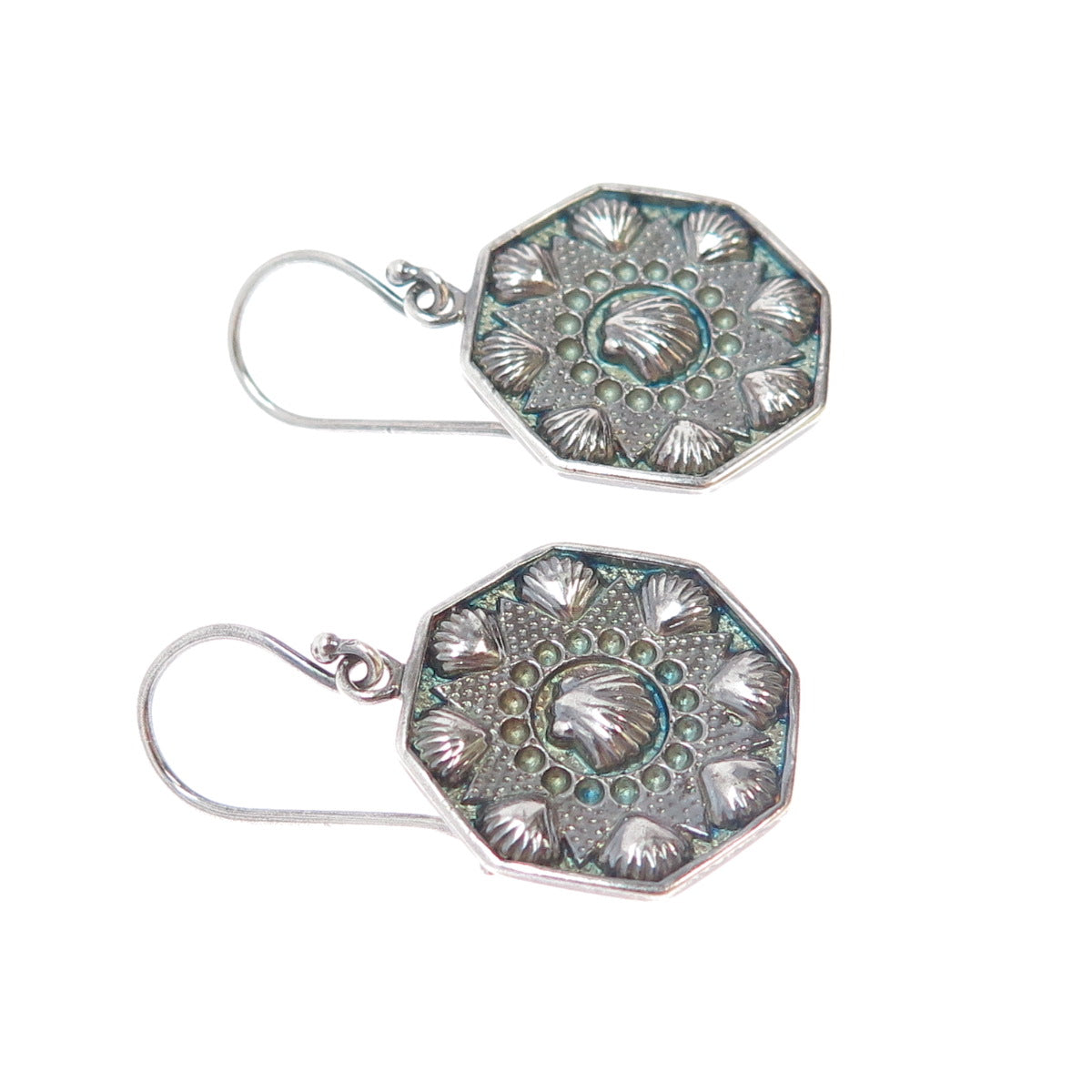 925 Sterling Silver Vintage Modernist Seashell Oxidized Dangle Earrings