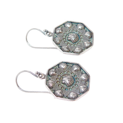 925 Sterling Silver Vintage Modernist Seashell Oxidized Dangle Earrings
