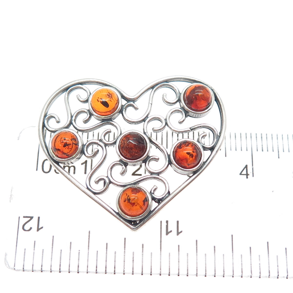 925 Sterling Silver Vintage Real Amber Modernist Swirl Heart Slide Pendant