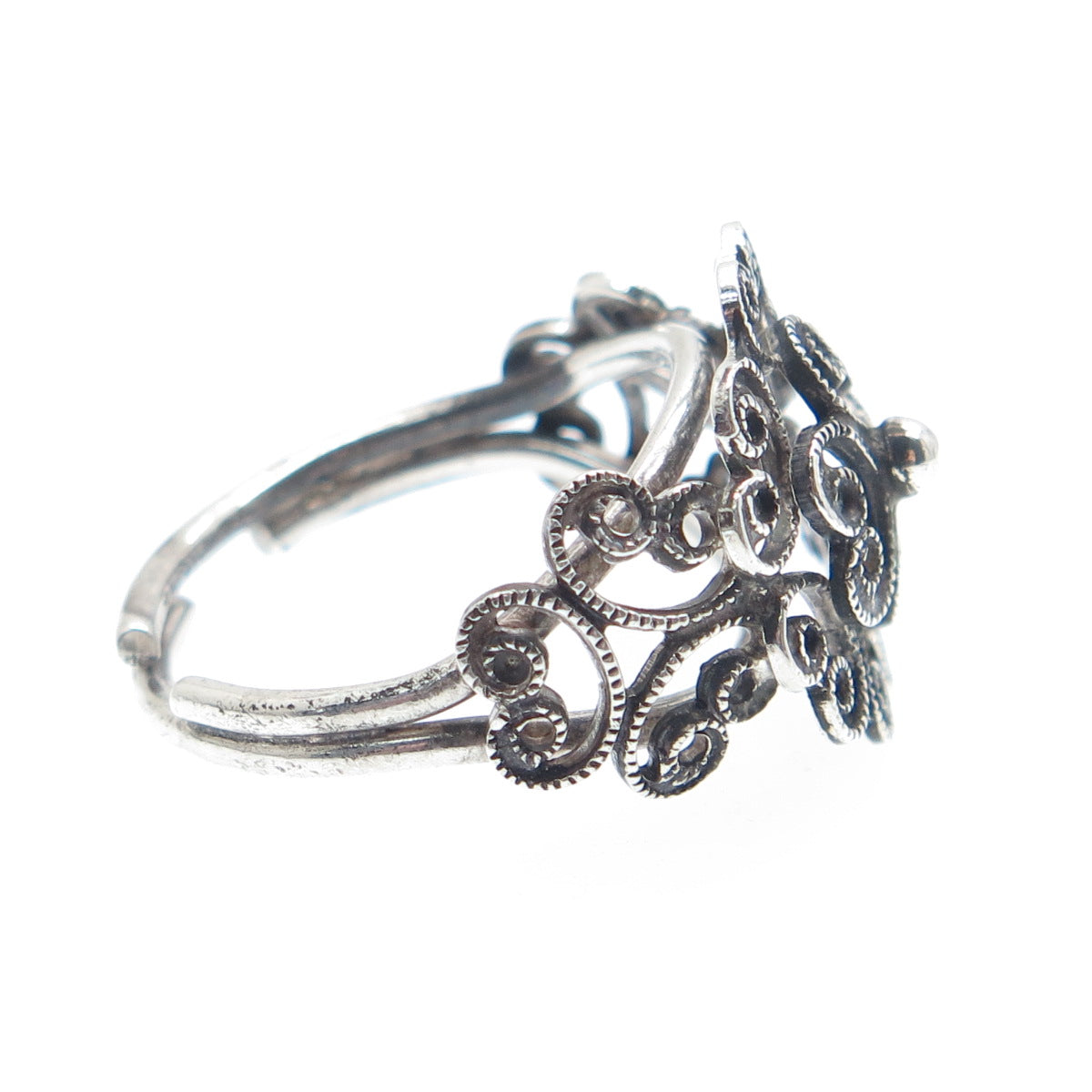 BEAU 925 Sterling Silver Vintage Filigree Flower Adjustable Ring Size 6.75