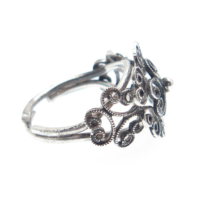 BEAU 925 Sterling Silver Vintage Filigree Flower Adjustable Ring Size 6.75