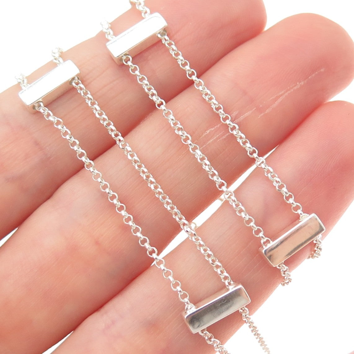 925 Sterling Silver Italy Station Bar Rolo Double Chain Chocker Necklace 12-16"