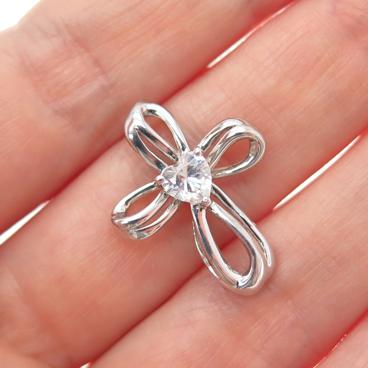 SAI 925 Sterling Silver Heart-Cut C Z Cross Minimalist Slide Pendant