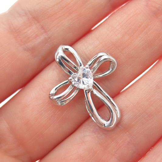 SAI 925 Sterling Silver Heart-Cut C Z Cross Minimalist Slide Pendant