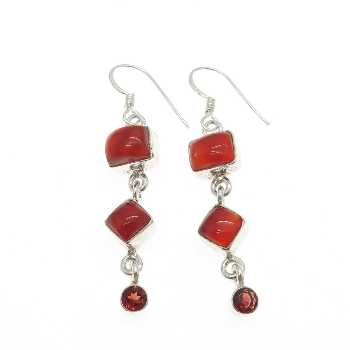 925 Sterling Silver Vintage Real Carnelian Gemstone Dangling Hook Earrings