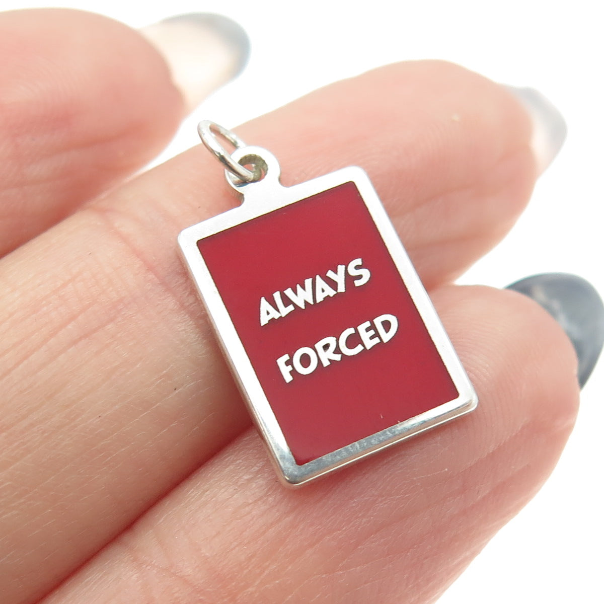 925 Sterling Silver Red Enamel "Always Forced" Minimalist Charm Pendant