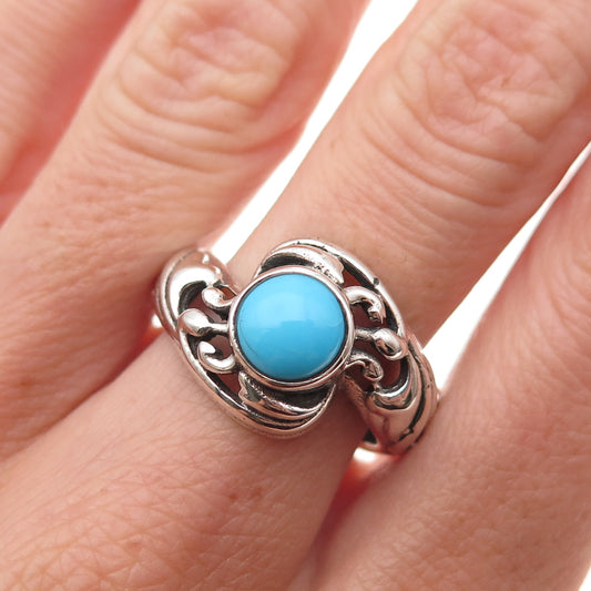 925 Sterling Silver Vintage Real Turquoise Floral Oxidized Ring Size 8.25