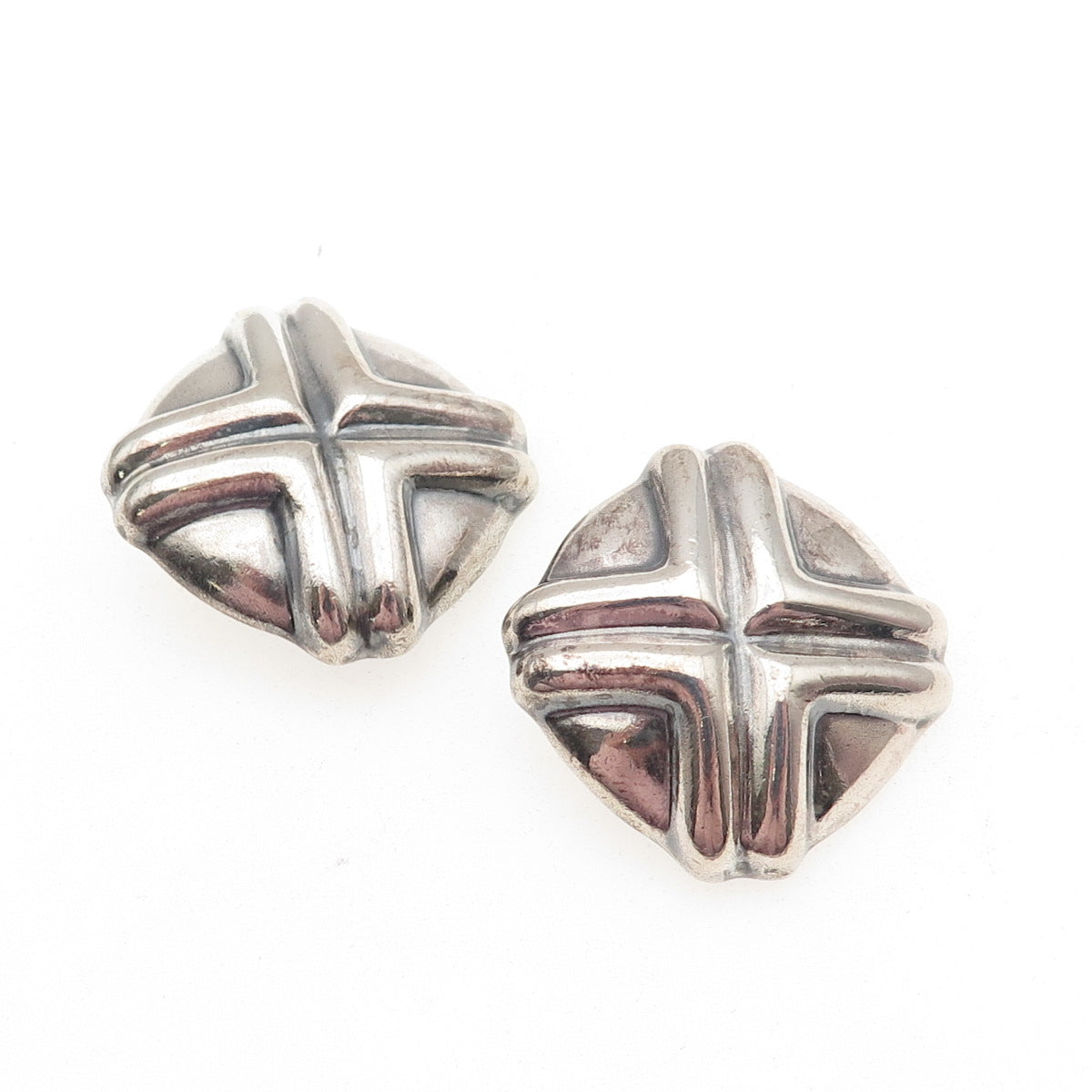 925 Sterling Silver Vintage Mexico Modernist Cross Oxidized Clip On Earrings