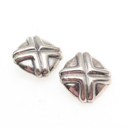 925 Sterling Silver Vintage Mexico Modernist Cross Oxidized Clip On Earrings