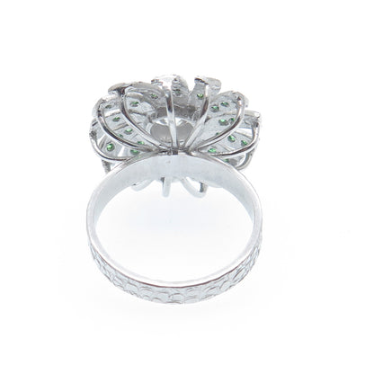 925 Sterling Silver Round-Cut Tsavorite & White C Z Modernist Flower Ring Size 8