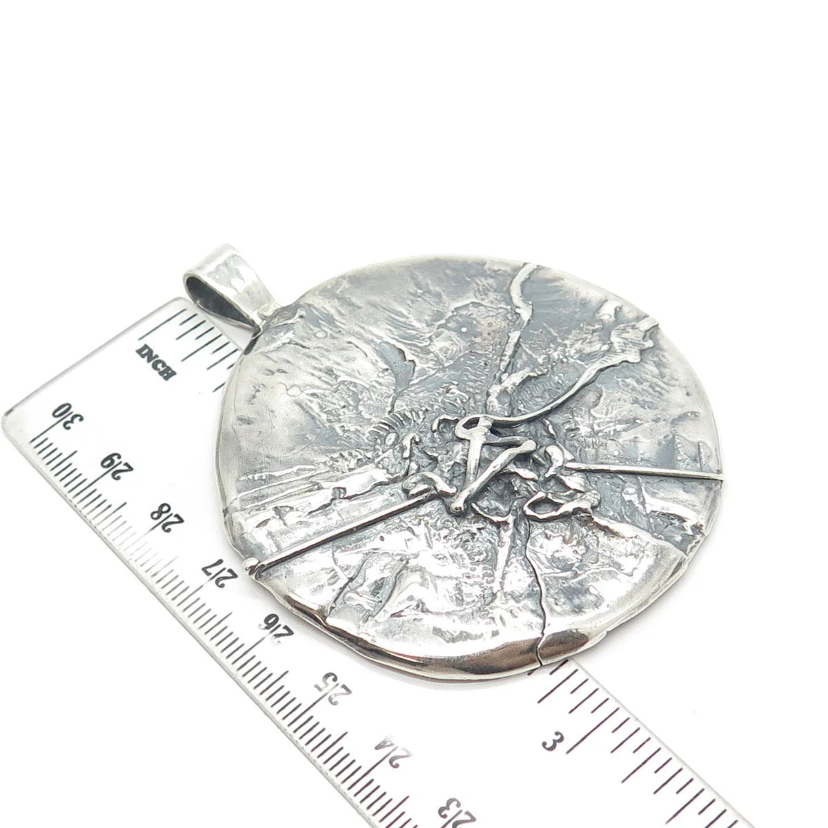 925 Sterling Silver Vintage Brutalist Modernist Large Round Pendant