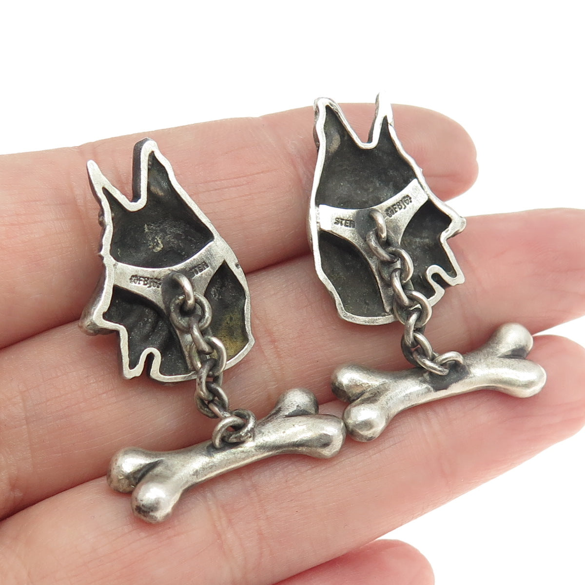 925 Sterling Silver Vintage Real Round-Cut Diamond K9 German Shepherd Cufflinks