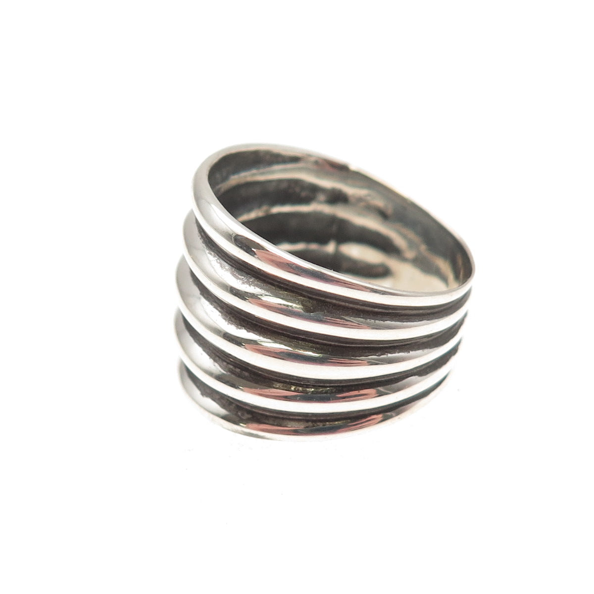 925 Sterling Silver Vintage Modernist Ribbed Oxidized Ring Size 8