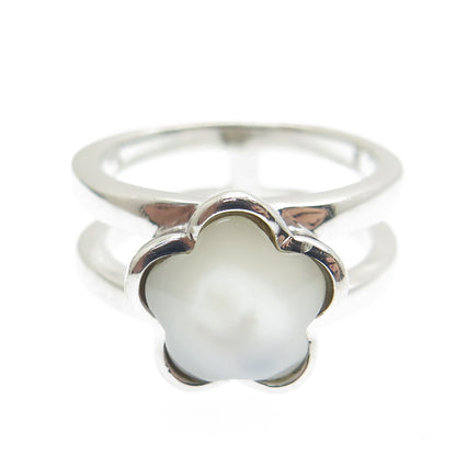 925 Sterling Silver Vintage Real Mother-of-Pearl Flower Ring Size 8.5