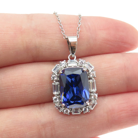 925 Sterling Silver Blue & White C Z Station Chain Necklace 18"