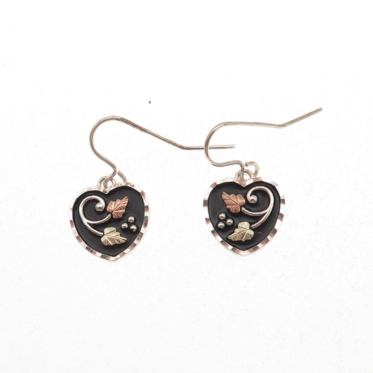 Coleman Co. 925 Sterling Silver 12K Gold Vintage Floral Heart Dangle Earrings