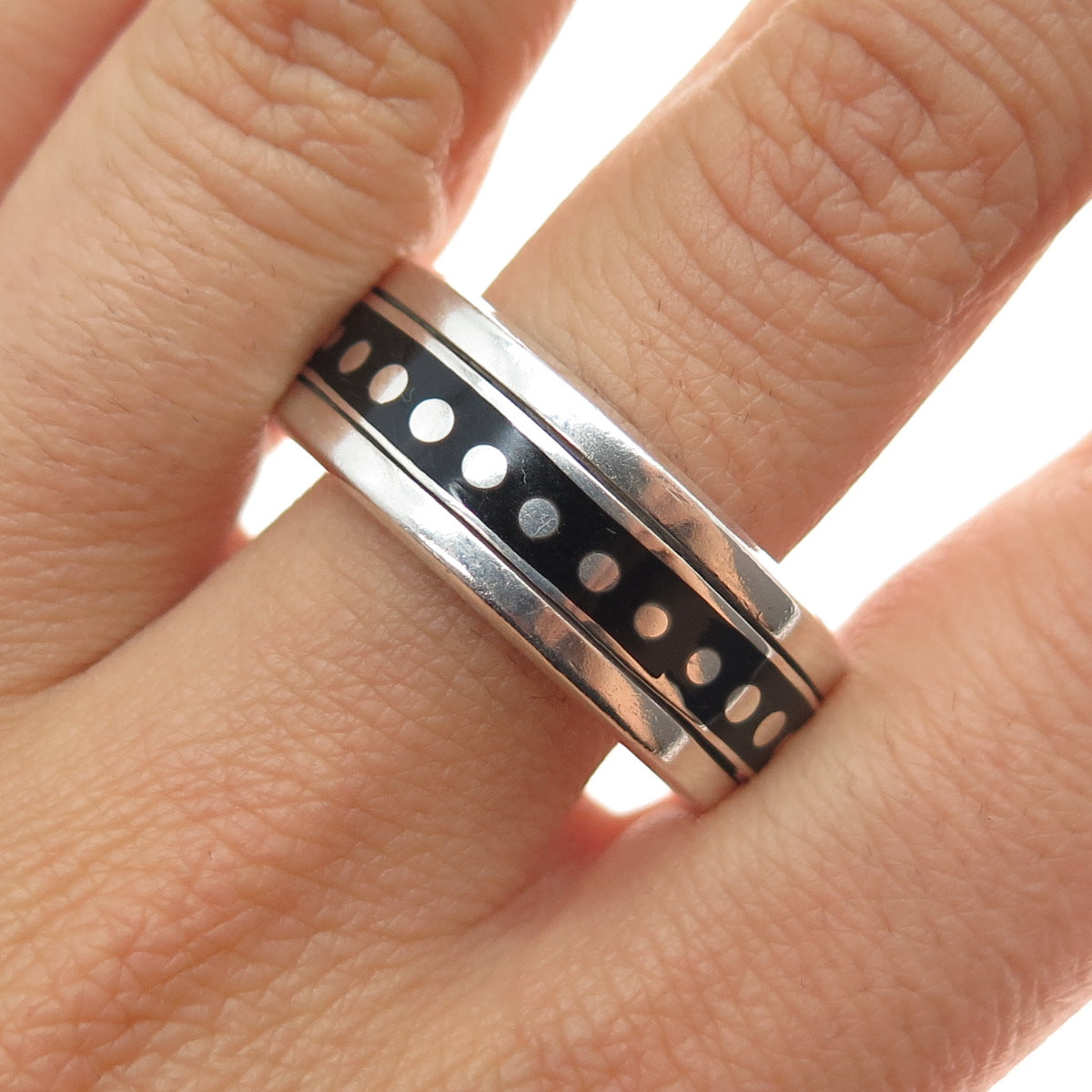 925 Sterling Silver Vintage Mexico Enamel Rotating Dotted Band Ring Size 15