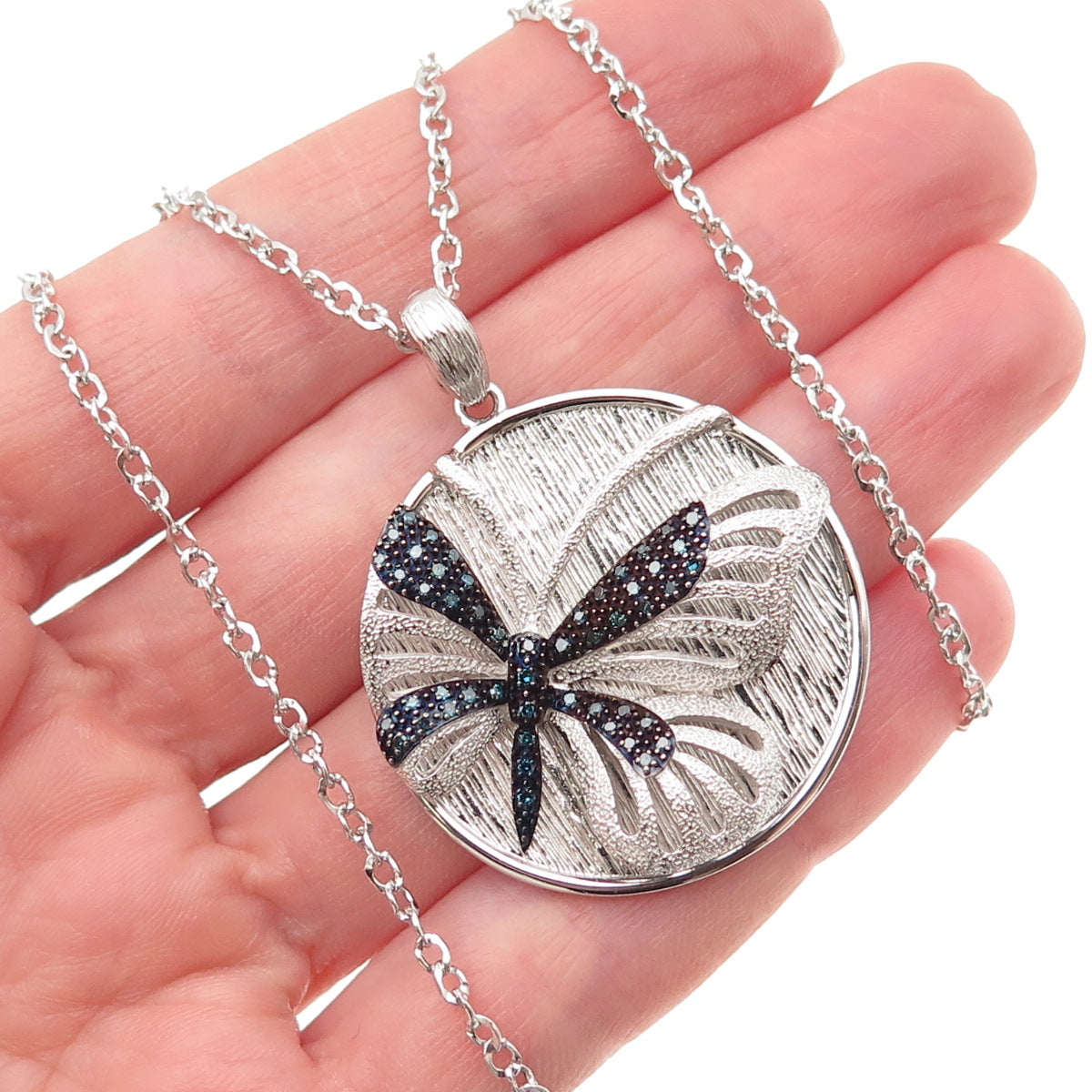 925 Sterling Silver Italy Real Blue Diamond Butterfly Cable Chain Necklace 18"