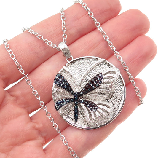 925 Sterling Silver Italy Real Blue Diamond Butterfly Cable Chain Necklace 18"