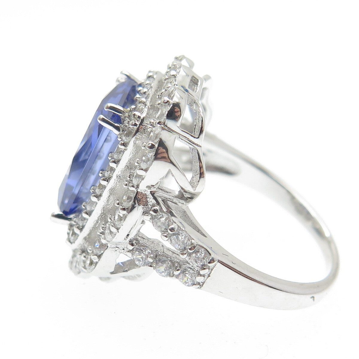 DSMK 925 Sterling Blue Radiant-Cut & White Round-Cut Shaped C Z Ring Size 7