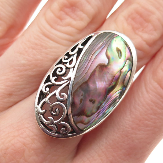 Collins Fine Jewelry Sterling Vintage Real Abalone Shell Ornate Ring Size 6.75